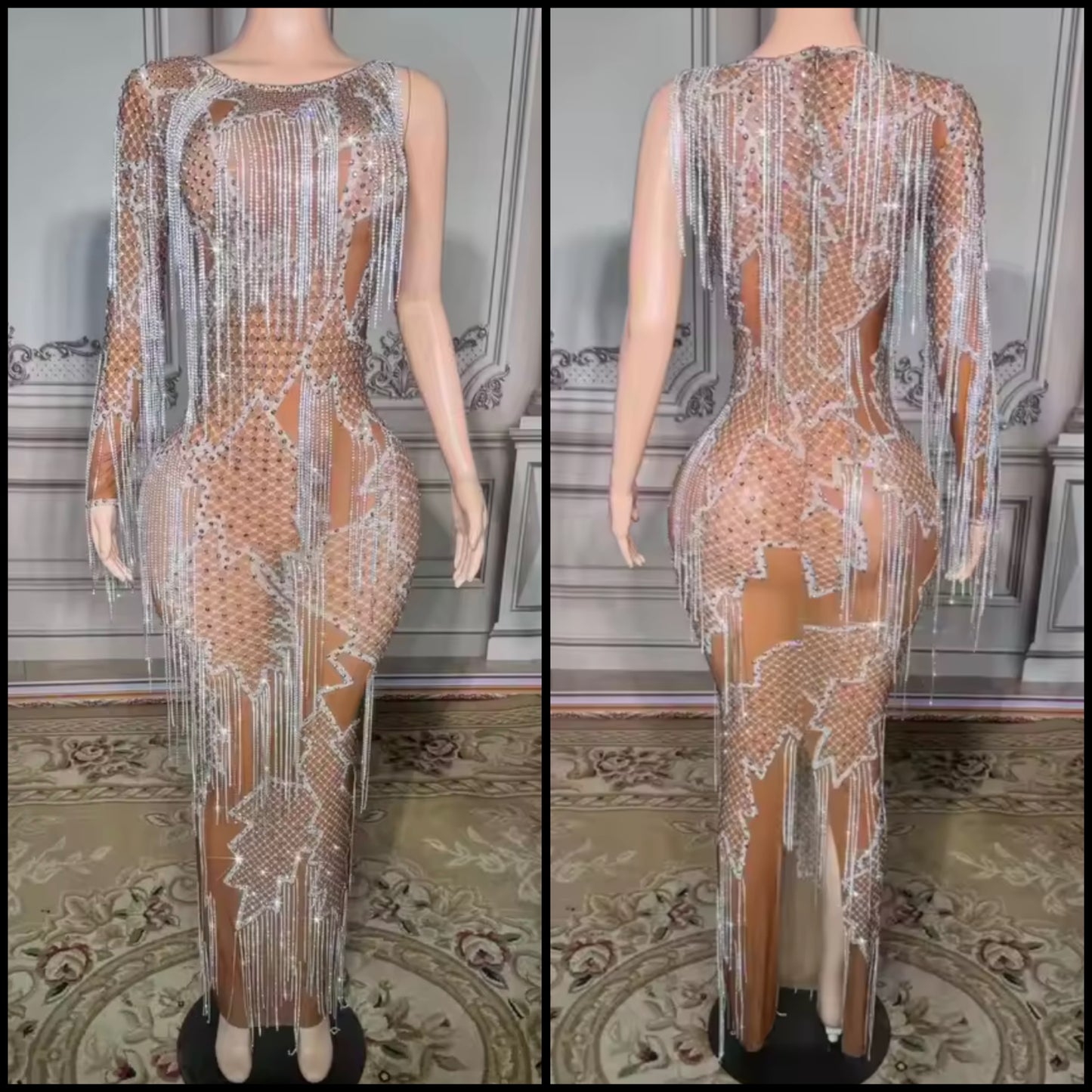 Sexy Rhinestone Tassel Full Sleeve See Through Maxi Dress