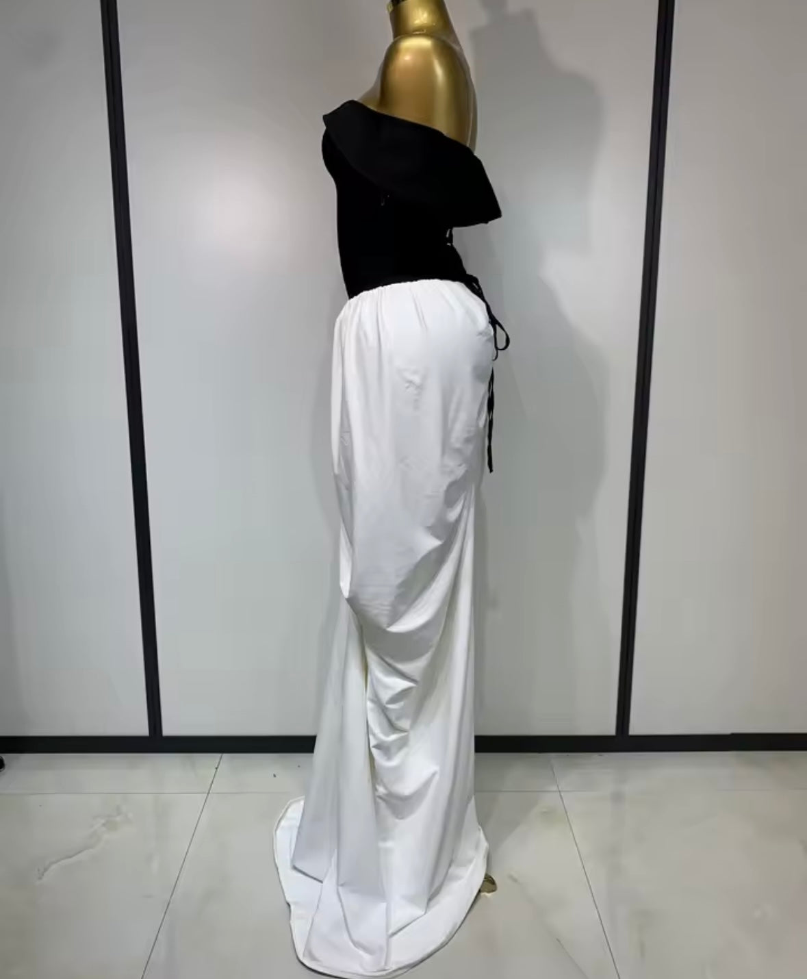 Elegant Off The Shoulder B&W Ruched Floor-Length Dress
