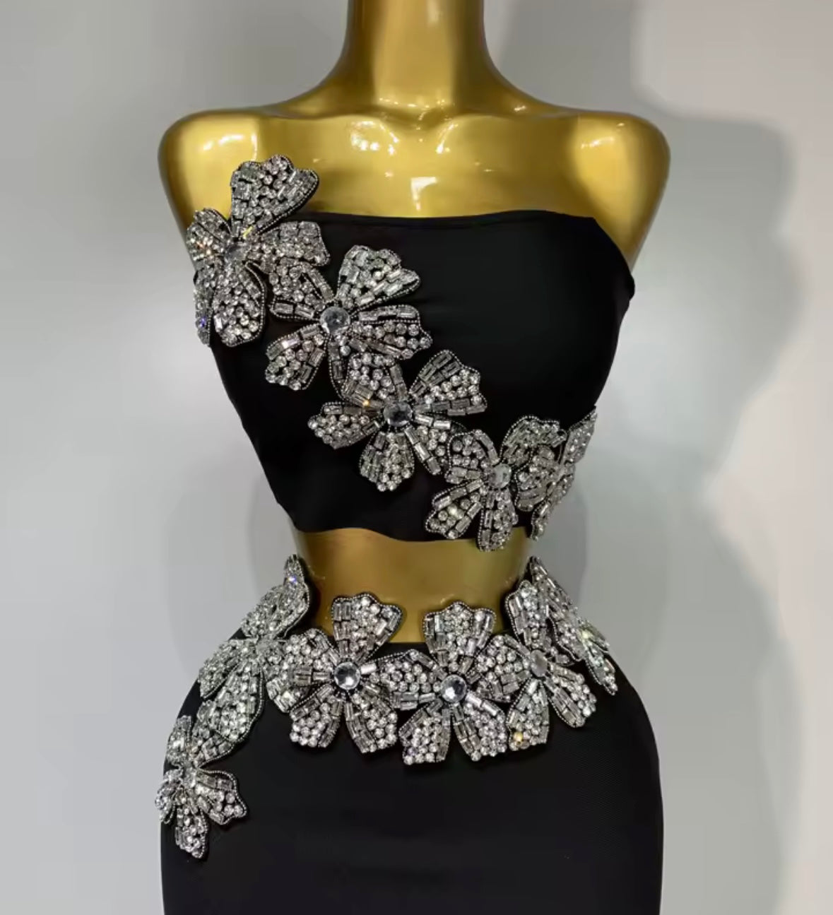 Black Strapless Floral Rhinestone Embellishment Bandage Skirt Set