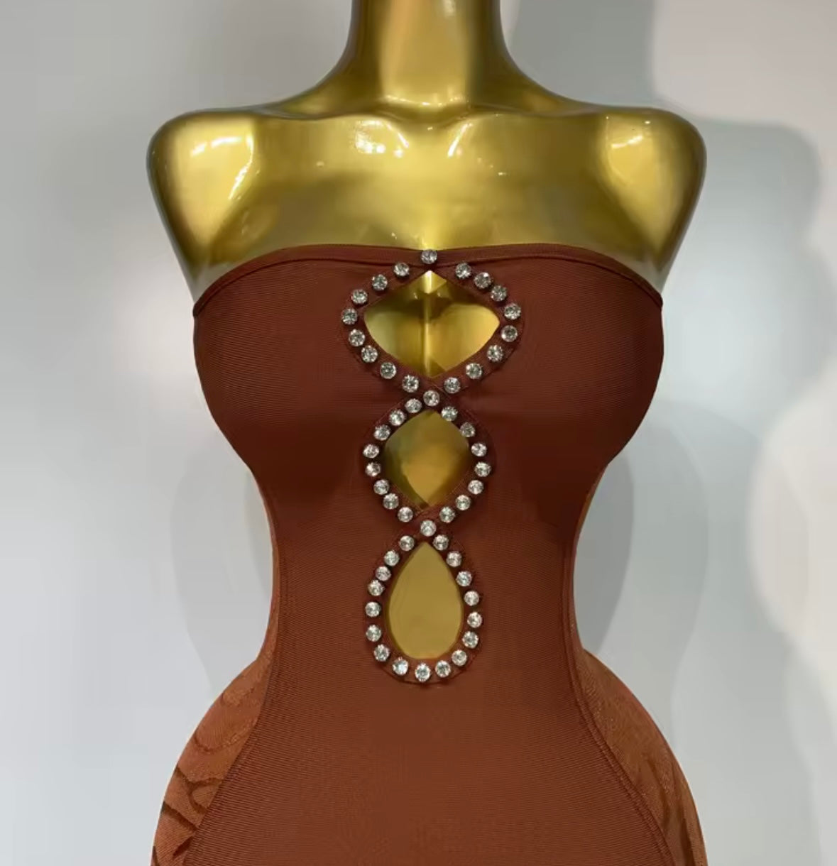 Brown Sexy Strapless Cut Out Rhinestone Ruffle Maxi Dress