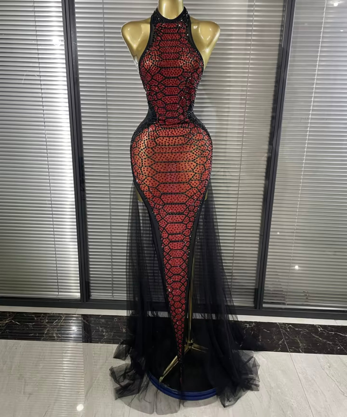 Sexy Halter Sleeveless Snake Print Rhinestone Mesh Maxi Dress
