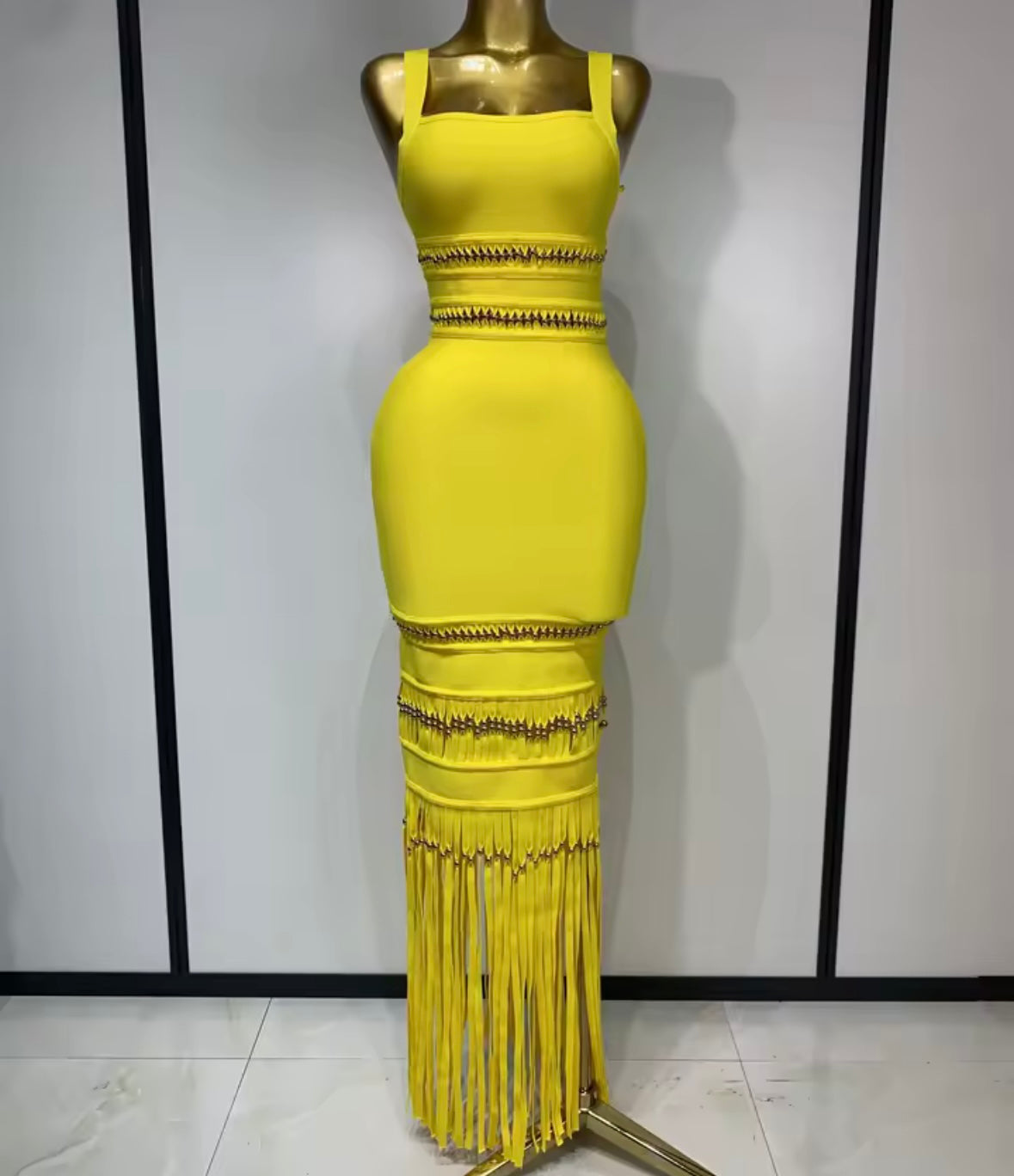 Yellow Sleeveless Beaded Fringe Sexy Maxi Dress