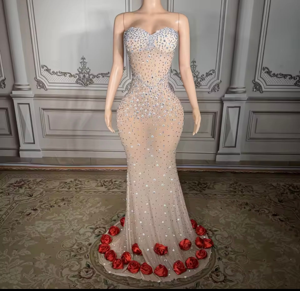 Strapless See Through Rhinestone Rose Sexy Floor-Length Dress