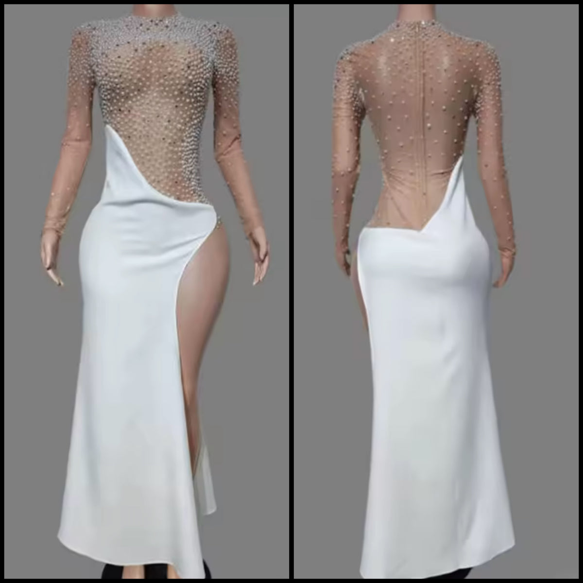 Sexy Beaded Rhinestone White Side Split Maxi Dress