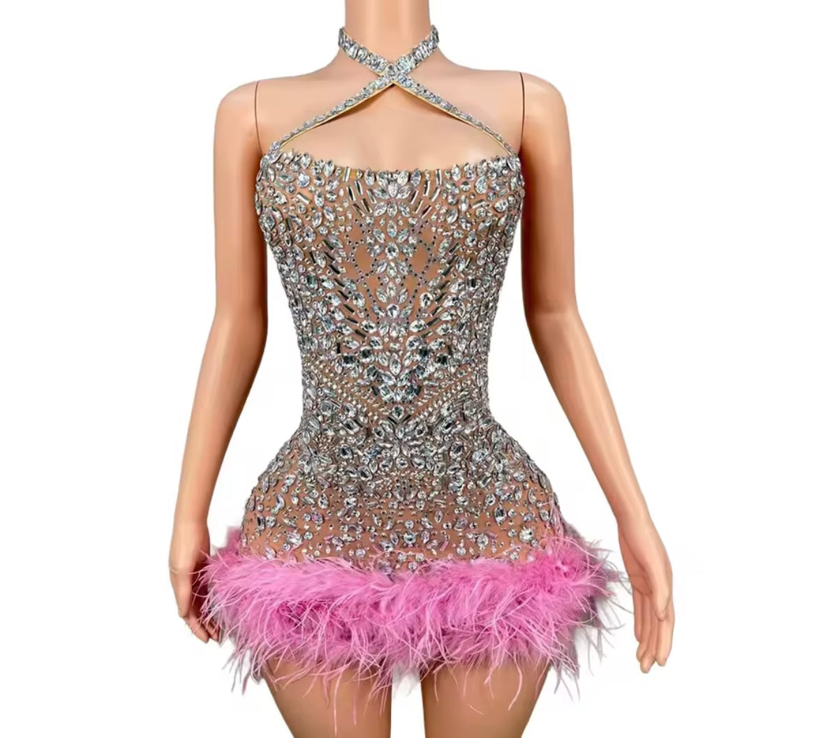 Sexy Halter Sleeveless Feather Rhinestone Dress