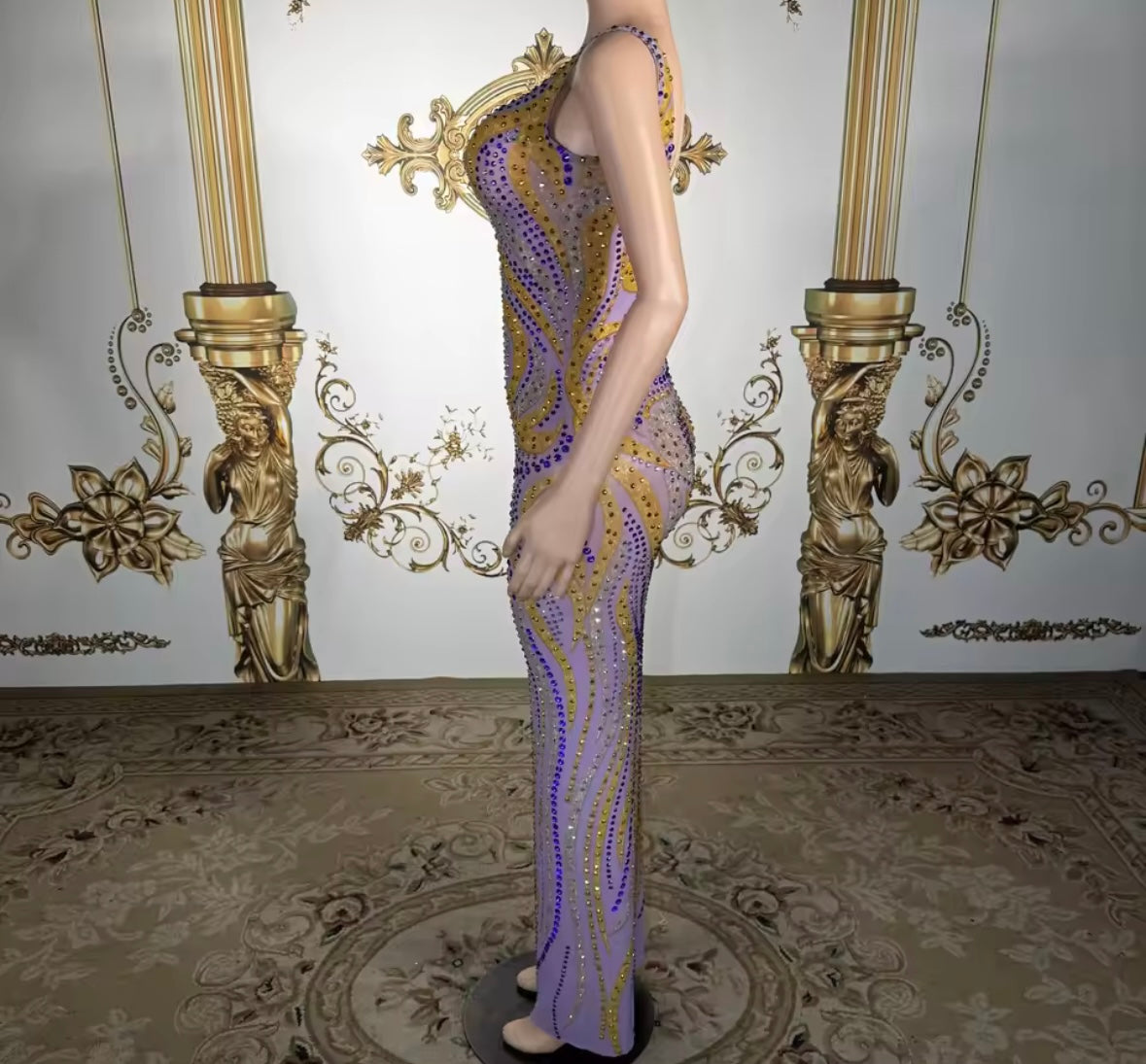 Sexy Sleeveless Colorful Rhinestone Maxi Dress