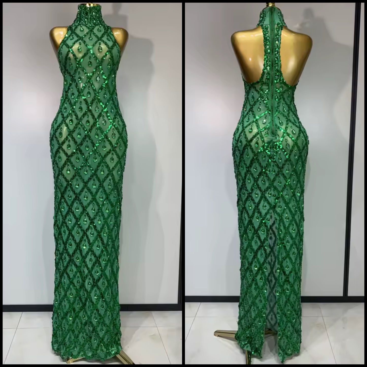 Green Halter Sleeveless Sequins Crystal Floor-Length Dress