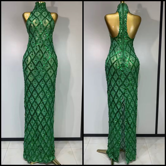 Green Halter Sleeveless Sequins Crystal Floor-Length Dress