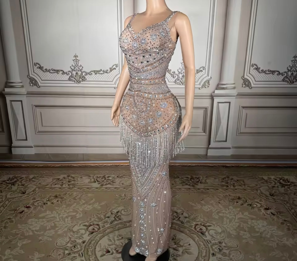 Sexy Sleeveless Rhinestone Tassel Floor-Length Dress