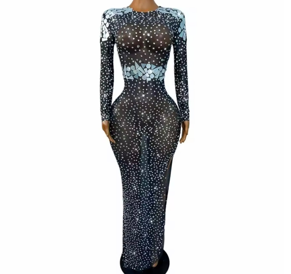 Sexy Rhinestone Mirror Black Full Sleeve Side Split Maxi Dress
