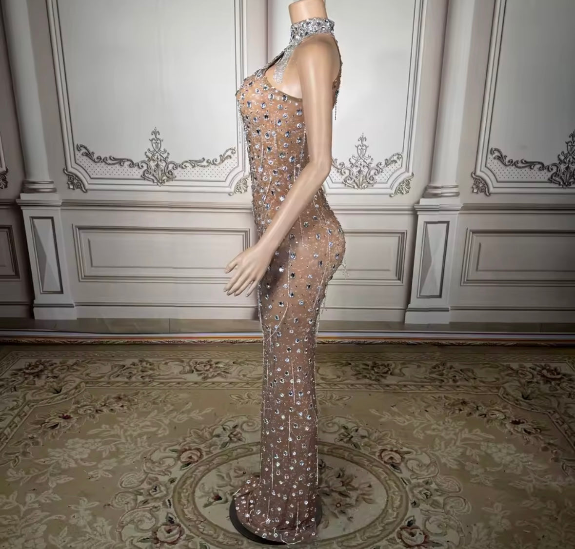 Sexy Sleeveless Rhinestone Tassel Maxi Dress