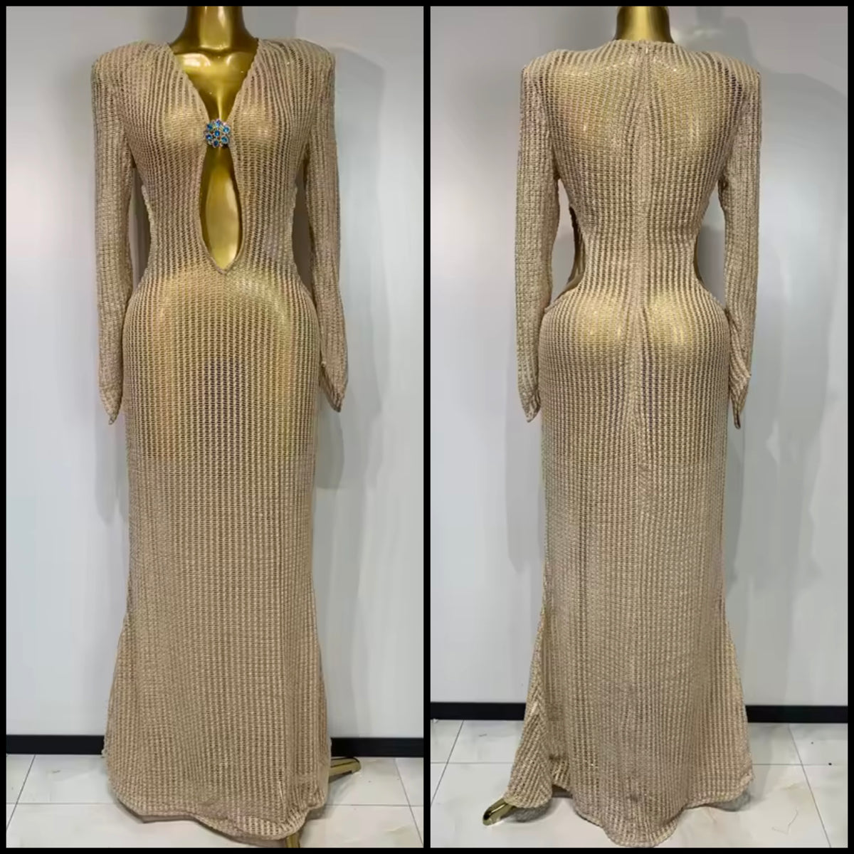 Gold Hollow Out Full Sleeve Sexy Floor-Length Dress