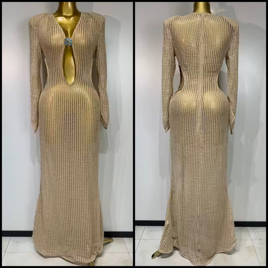 Gold Hollow Out Full Sleeve Sexy Floor-Length Dress