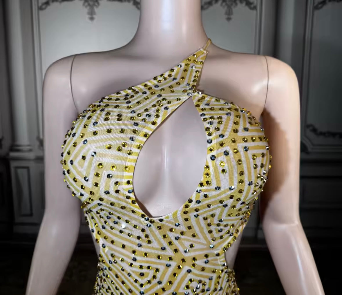 Sexy One Shoulder Sleeveless Open Back Rhinestone Dress