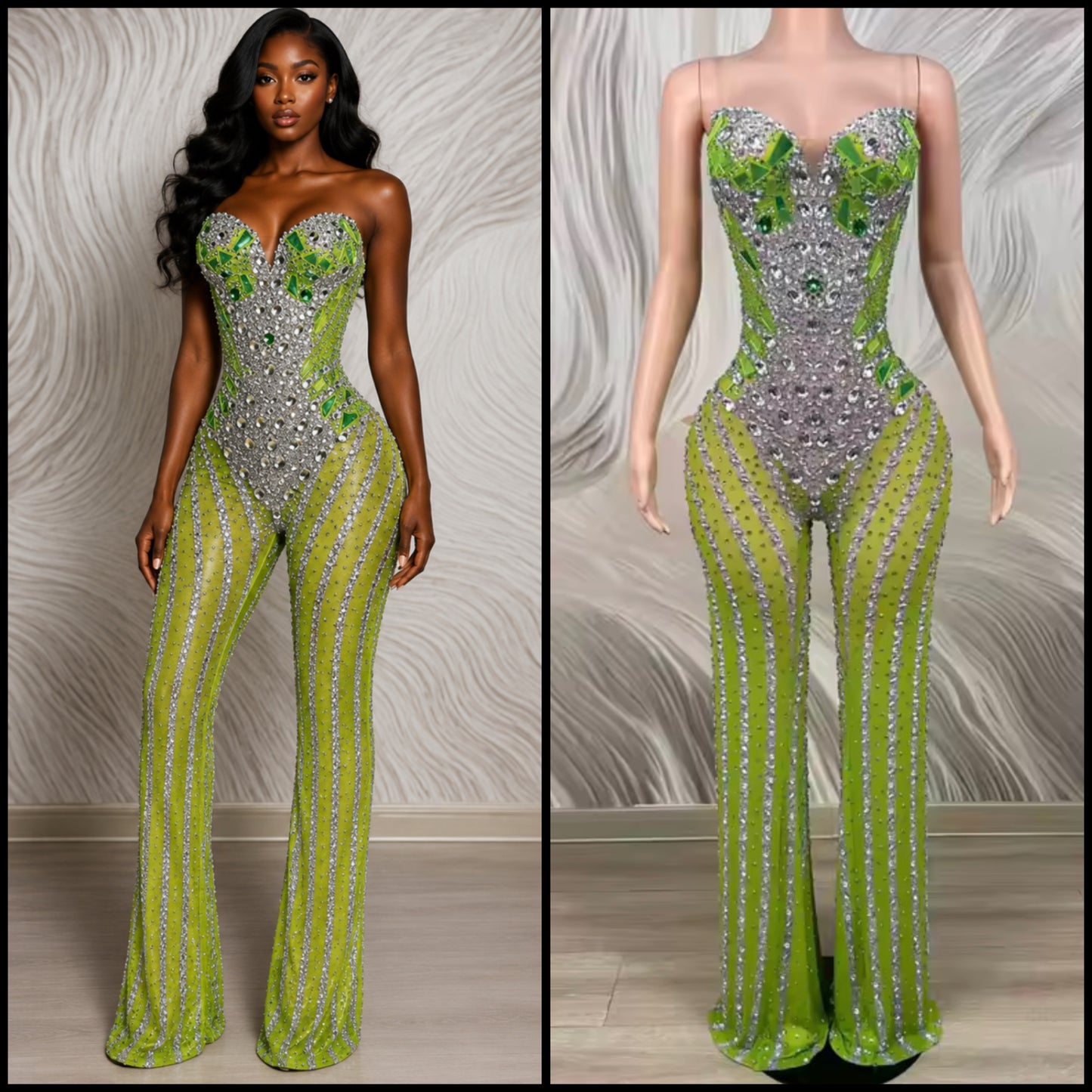 Green Sexy Sleeveless Rhinestone See Through Jumpsuit