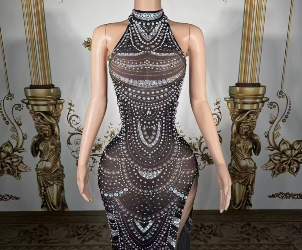 Sexy Black Sleeveless Rhinestone See Through Maxi Dress