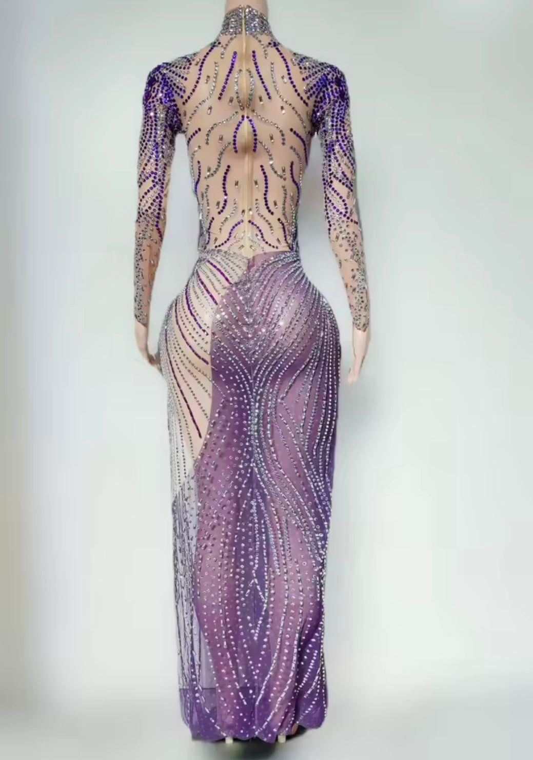 Sexy See Through Purple Rhinestone Side Split Maxi Dress