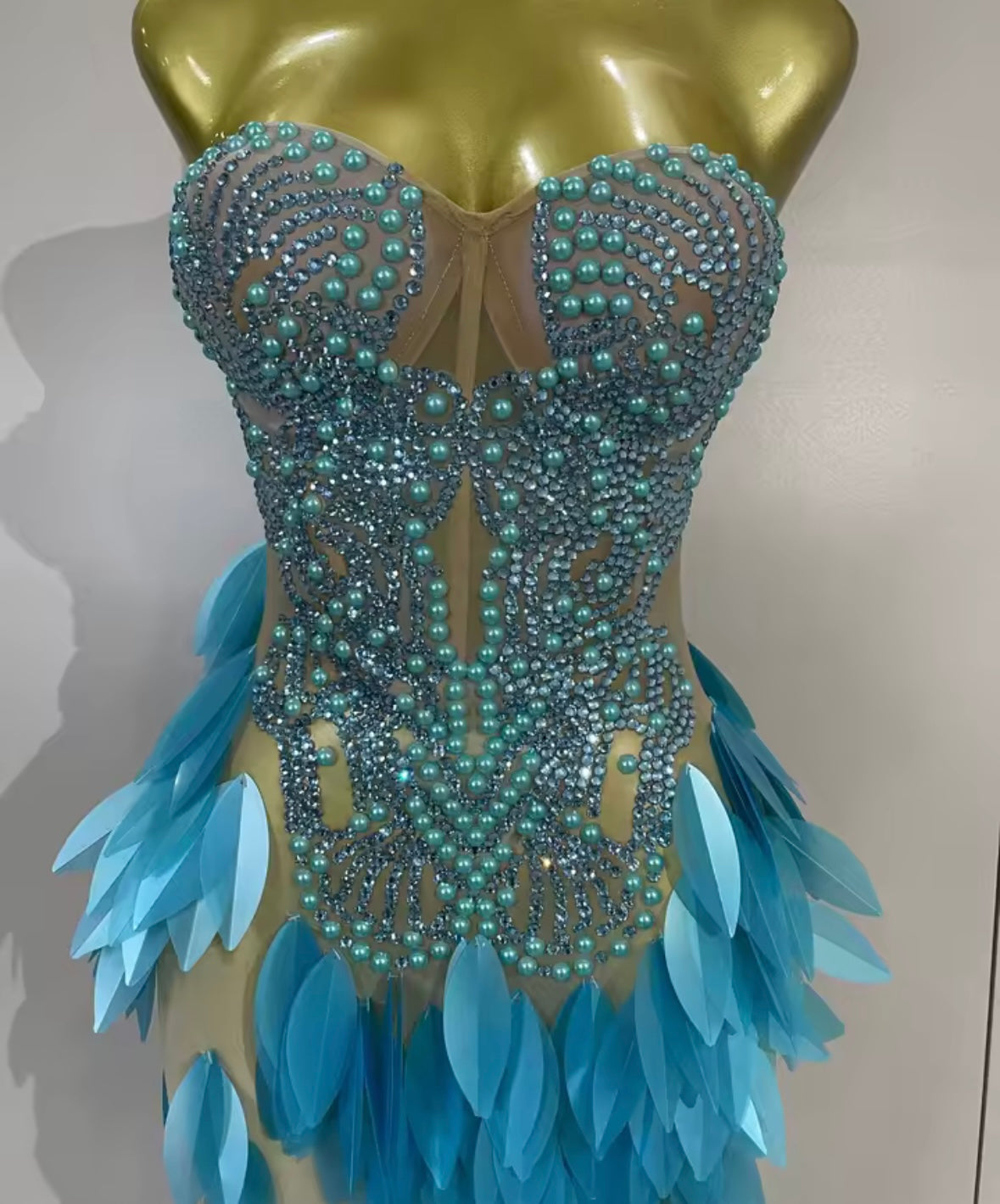 Sexy Sequins Pearl Rhinestone Strapless Side Split Maxi Dress