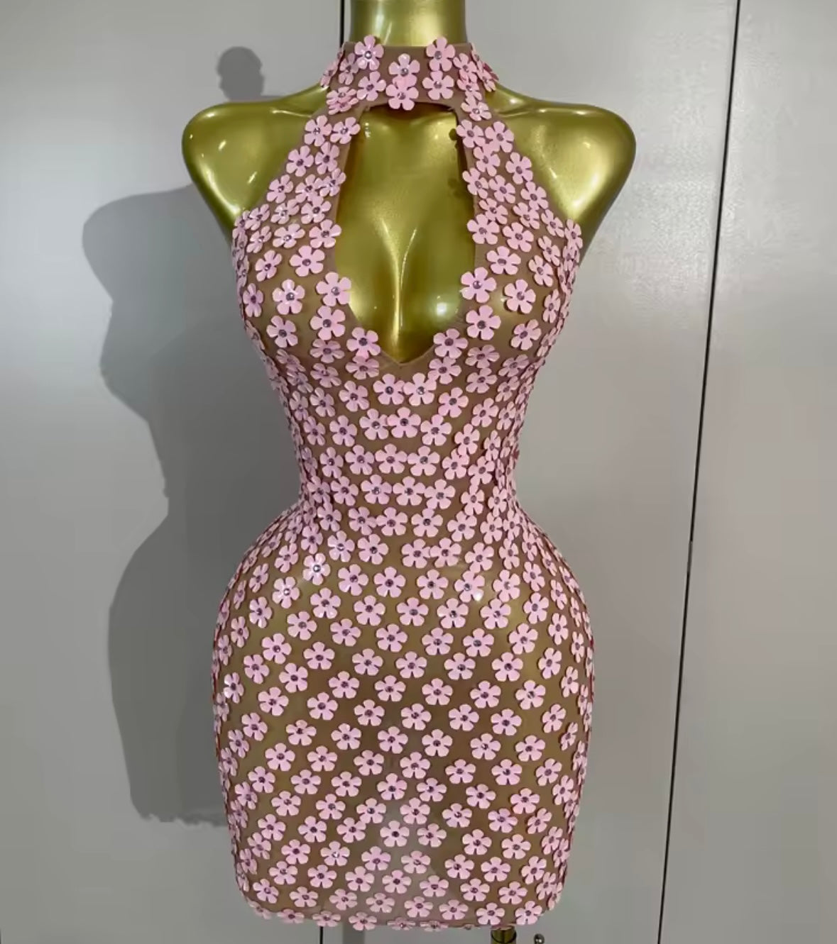 Pink Halter Sleeveless Floral See Through Sexy Dress