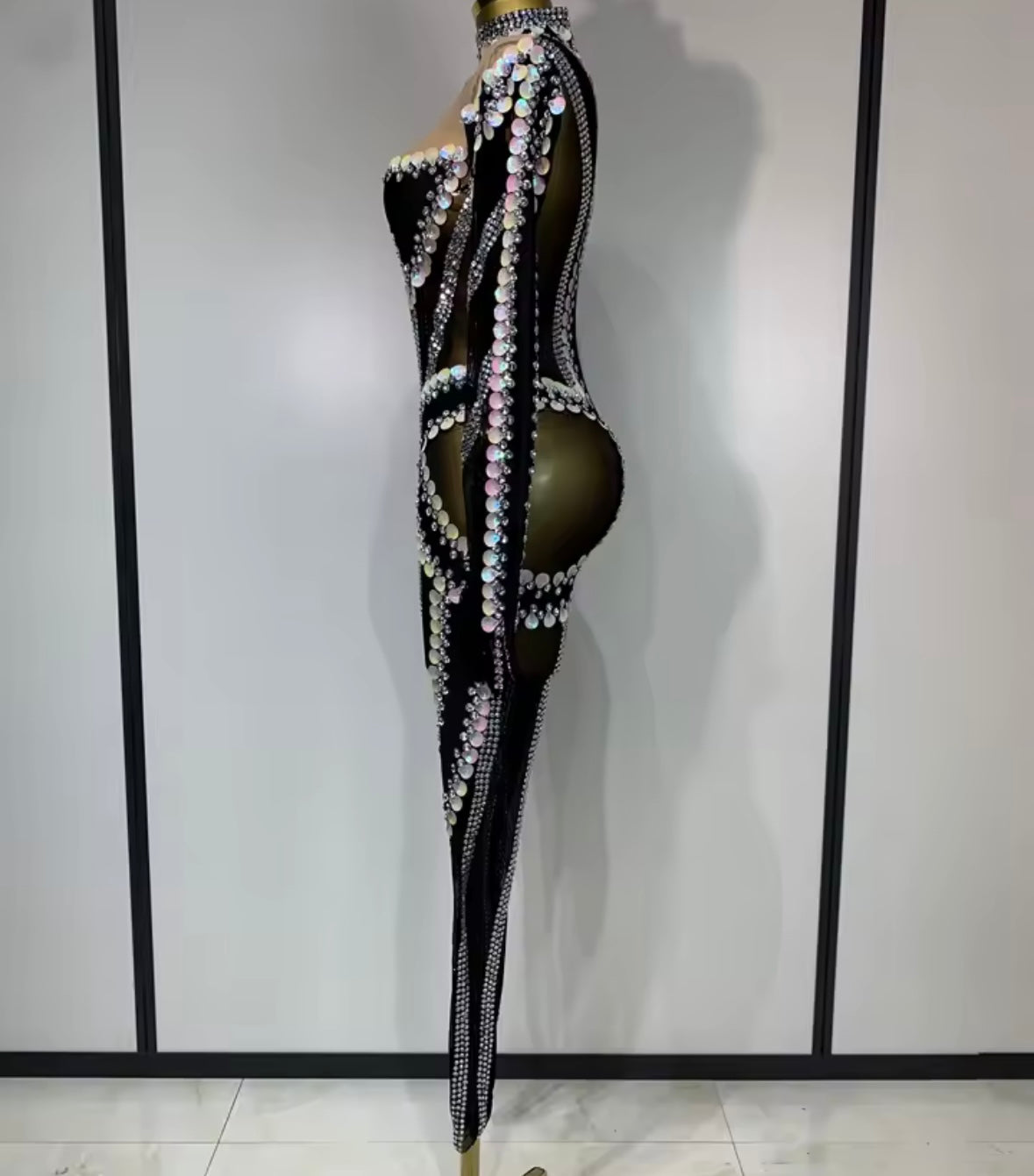 Sexy Black Sequins Crystal Choker Full Sleeve Jumpsuit