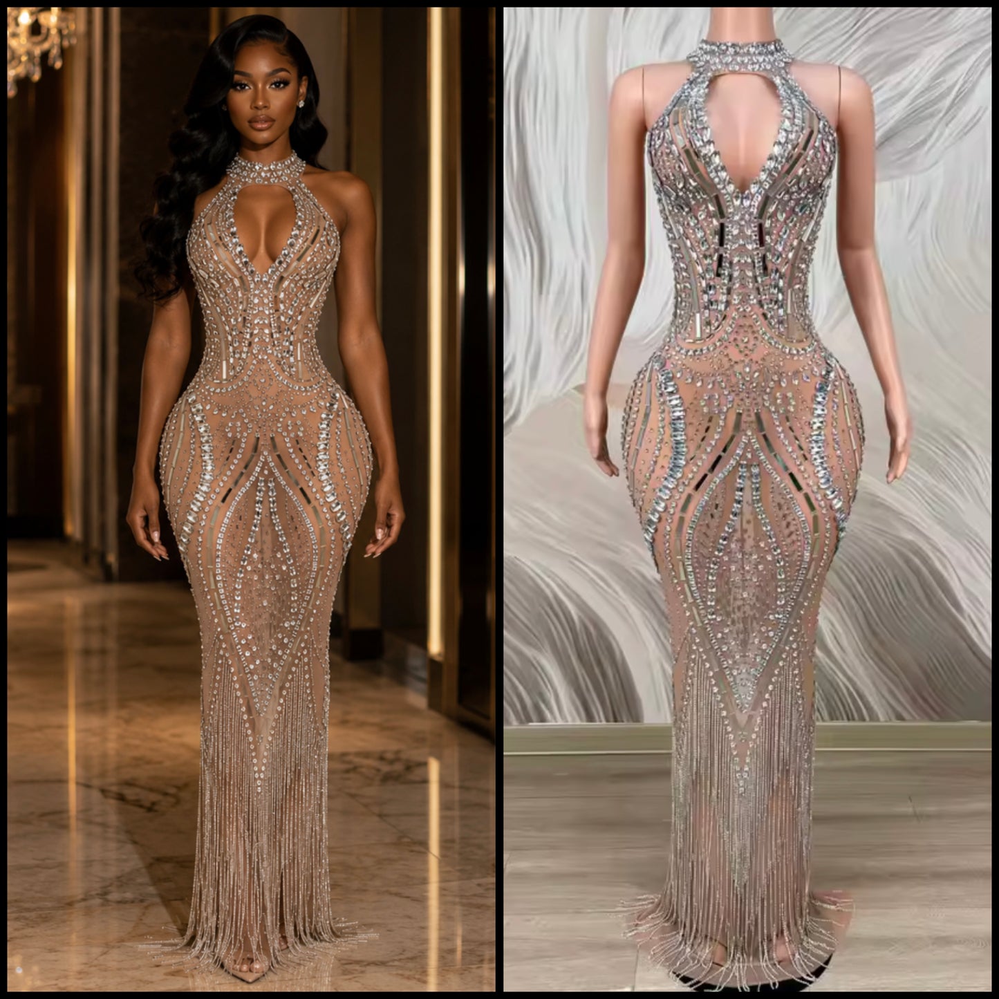 Sleeveless Sexy See Through Rhinestone Embellishment Maxi Dress