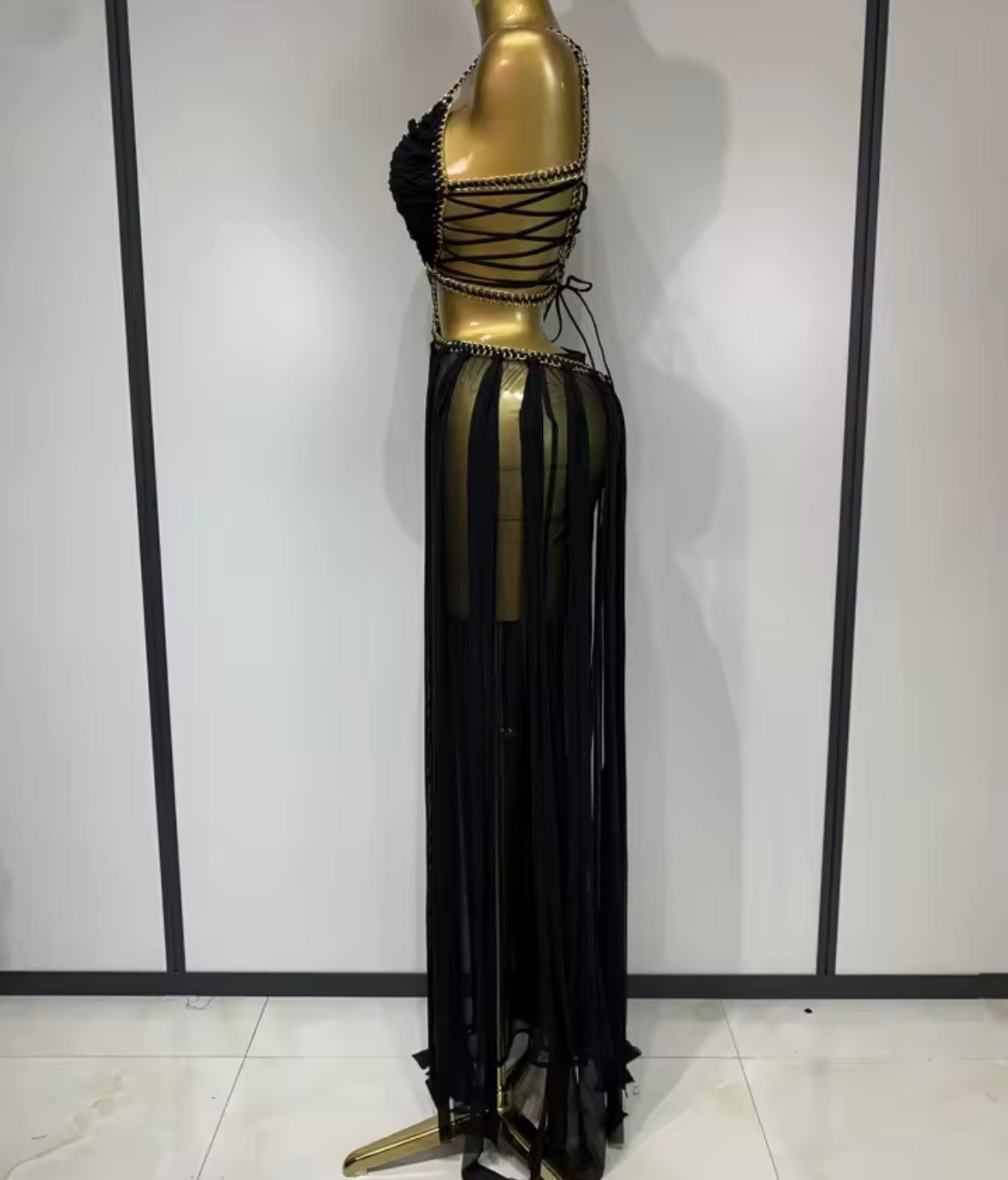 Sexy Sleeveless Chain Lace Up See Through Maxi Dress