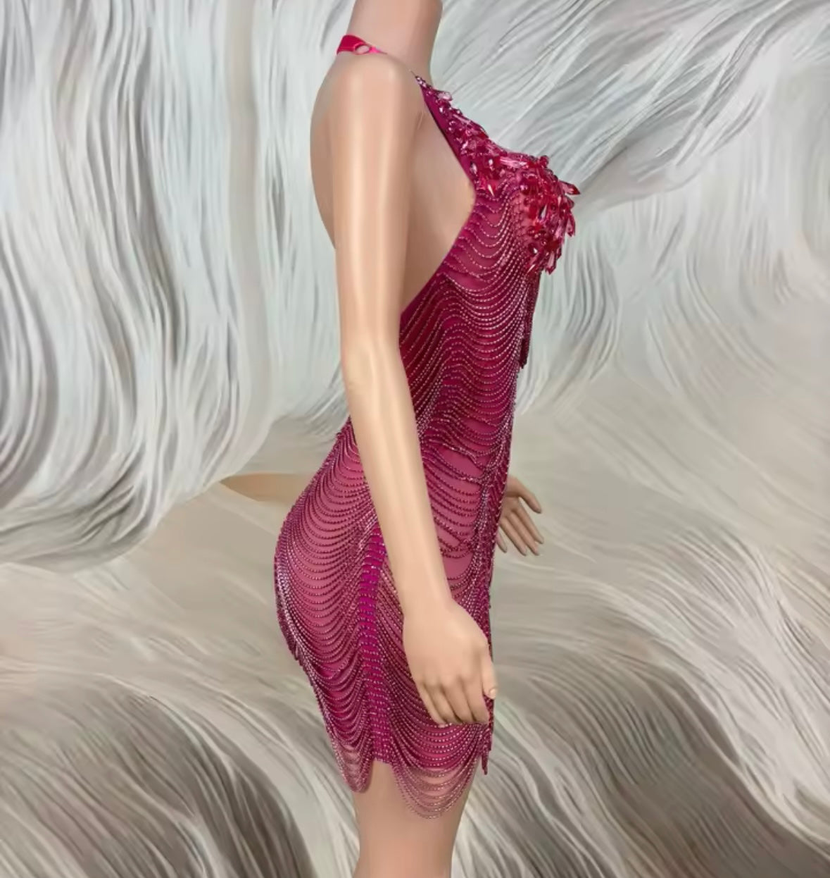 Sexy Halter Sleeveless Rhinestone Fringe Chain Dress
