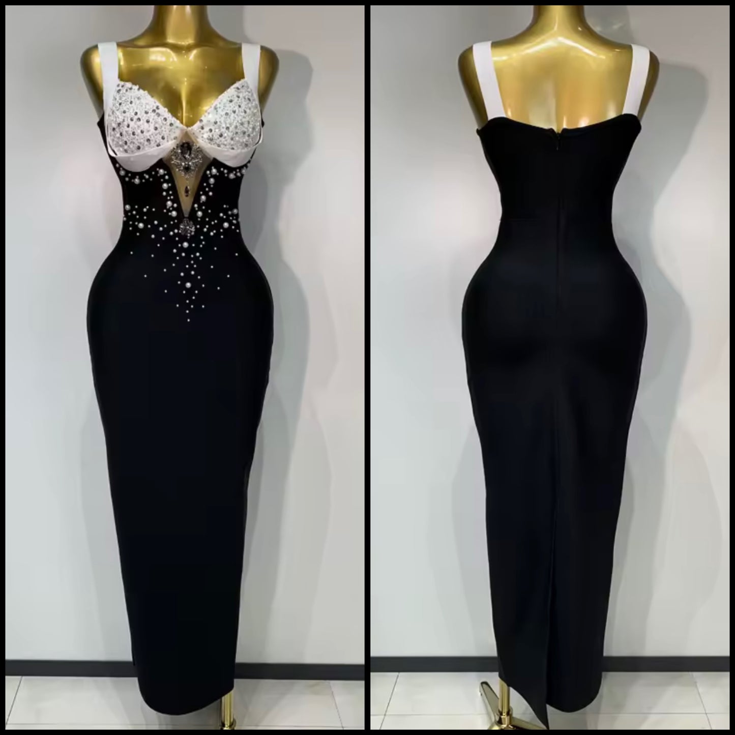 Elegant B&W Pearl Rhinestone Sleeveless Maxi Dress