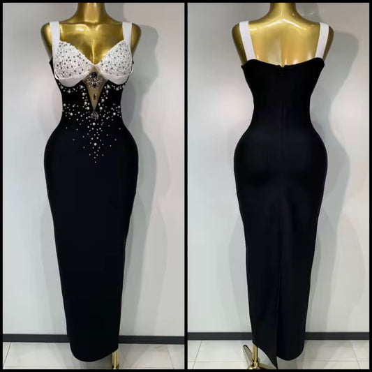 Elegant B&W Pearl Rhinestone Sleeveless Maxi Dress