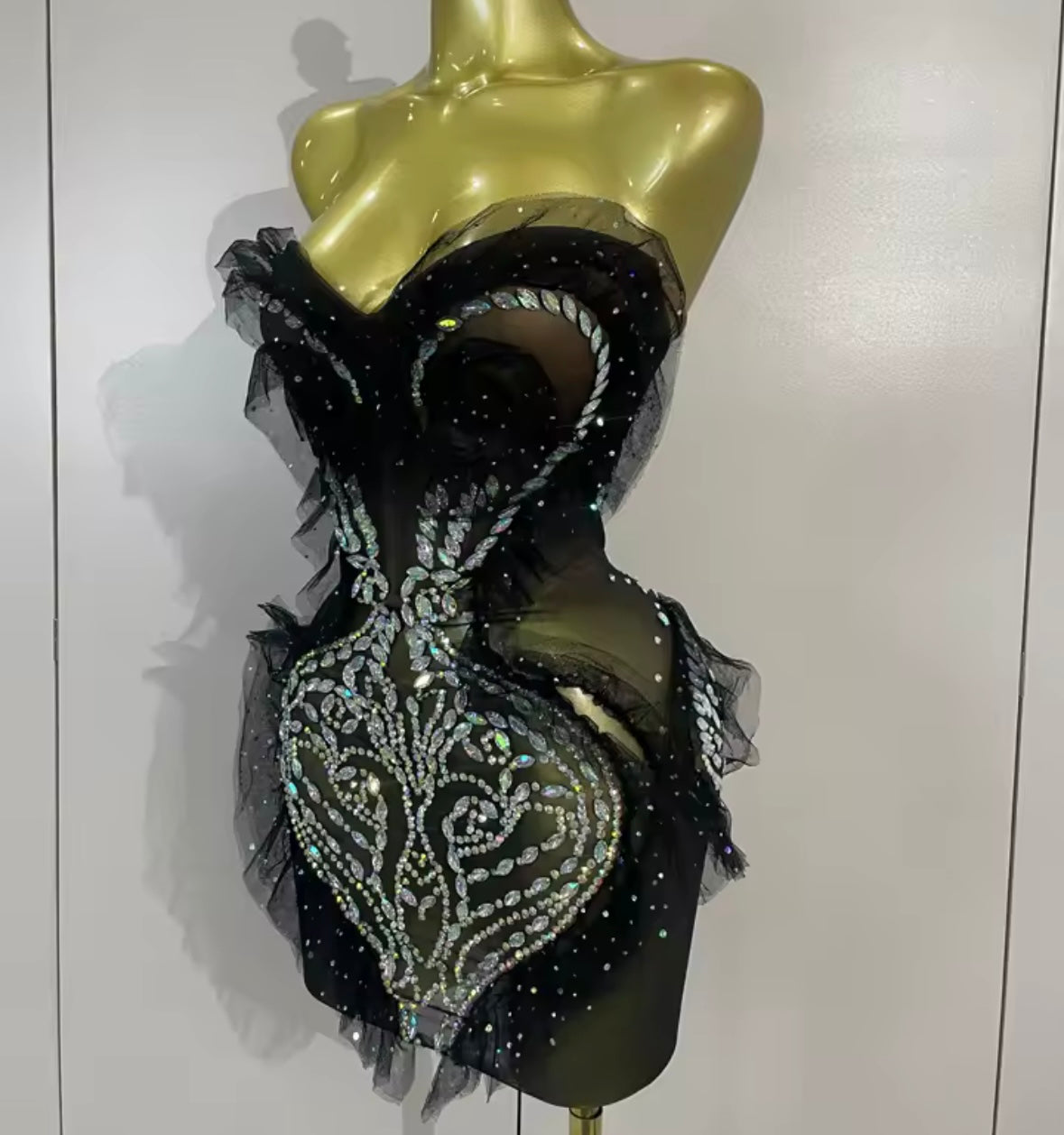 Sexy Black Strapless Sparkly Rhinestone Ruffle Dress