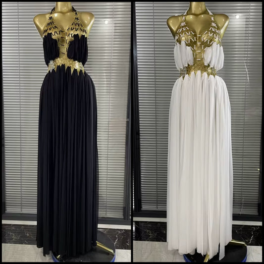 Sexy Halter Sleeveless Metal Ring Maxi Dress