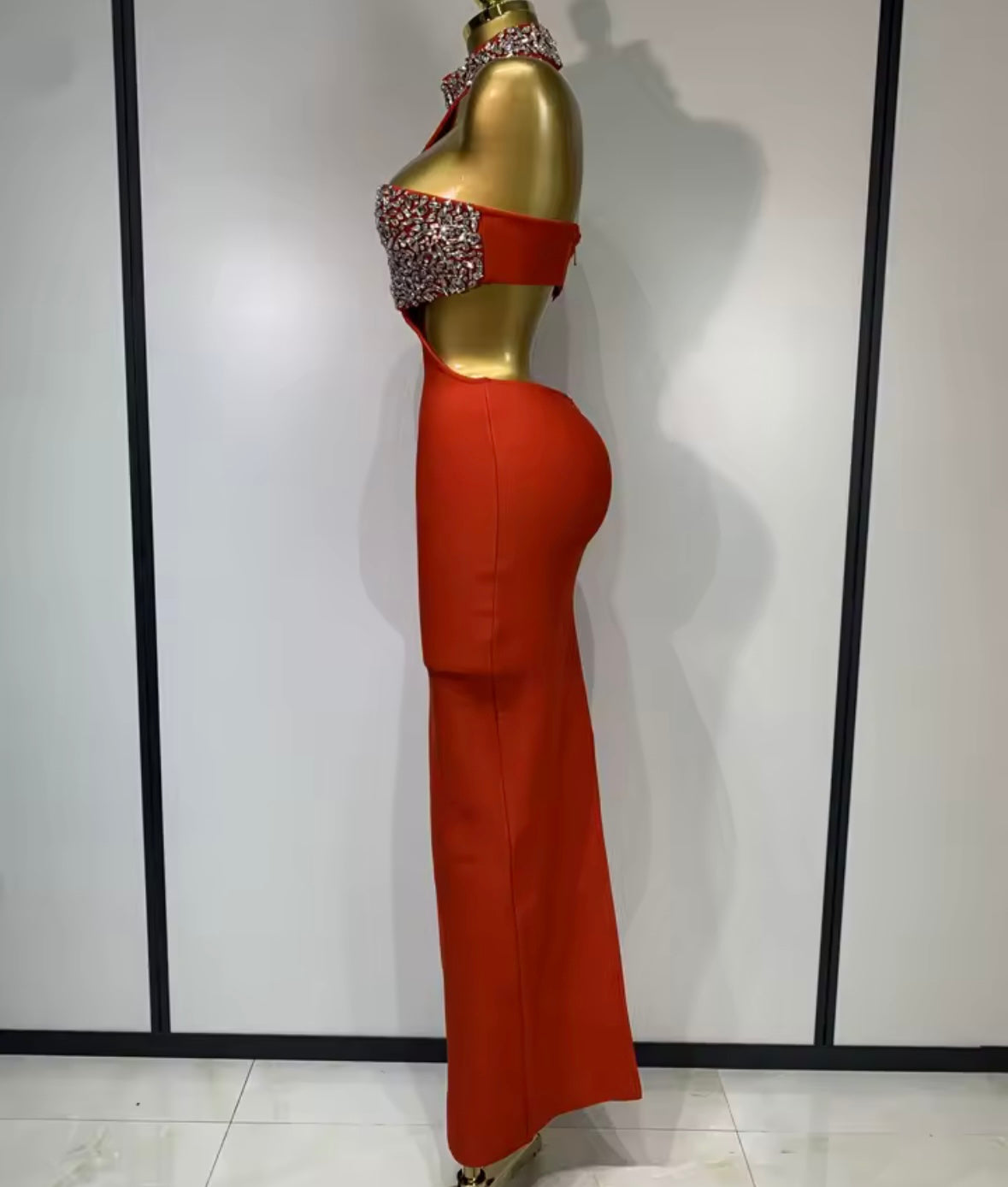 Elegant Halter Sleeveless Rhinestone Hollow Out Maxi Dress