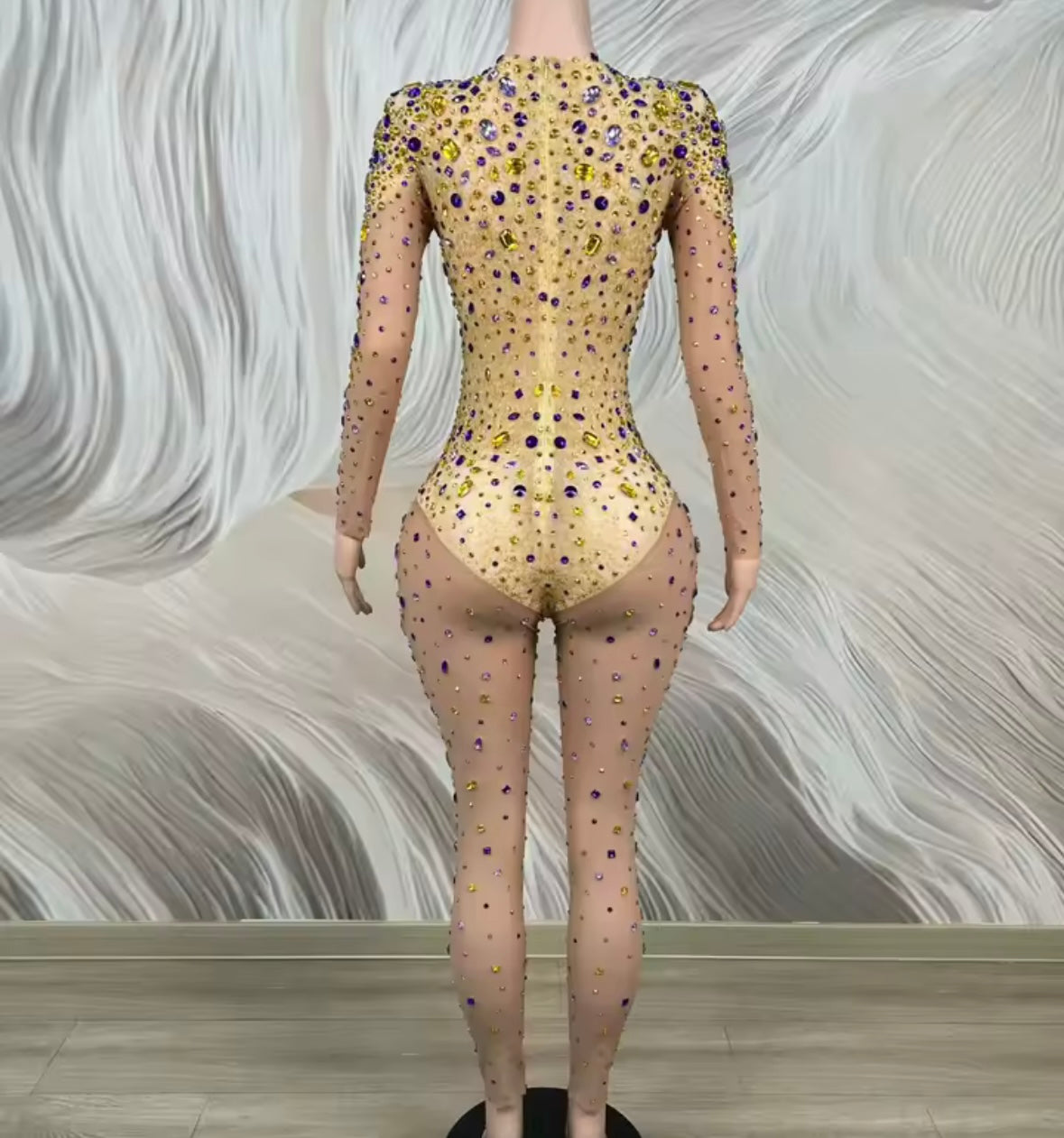 Sexy Color Rhinestone Full Sleeve See Through Jumpsuit