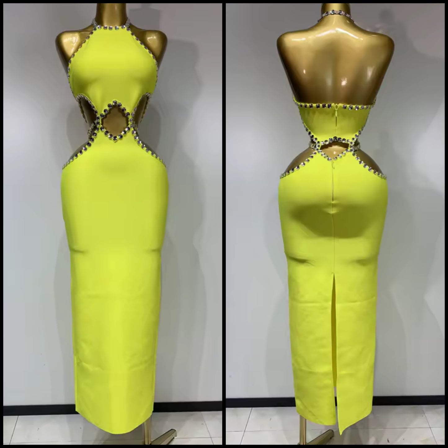 Yellow Beaded Sleeveless Hollow Out Elegant Maxi Dress