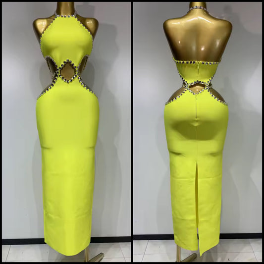 Yellow Beaded Sleeveless Hollow Out Elegant Maxi Dress