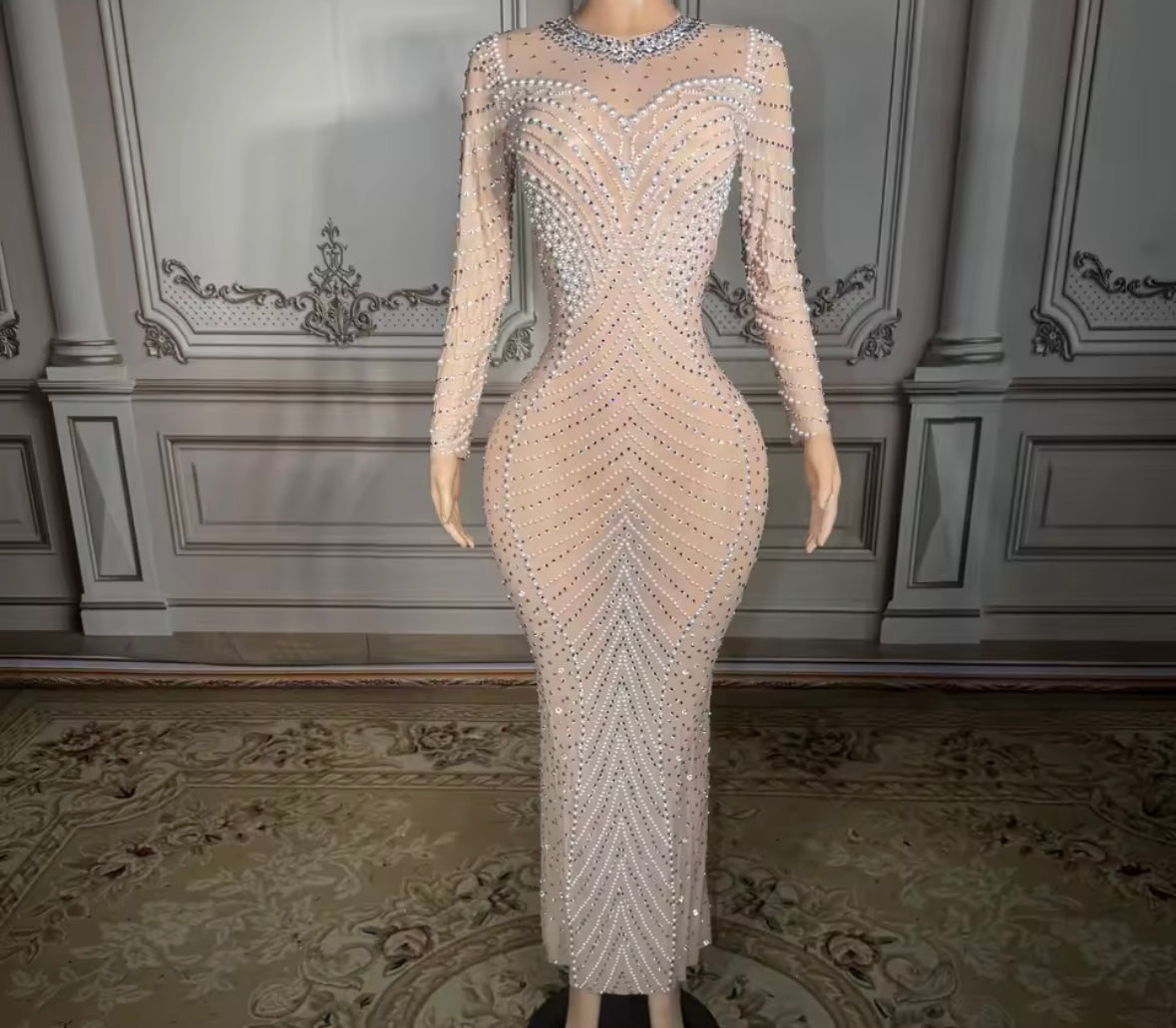 Sexy Pearl Rhinestone See Through Maxi Dress