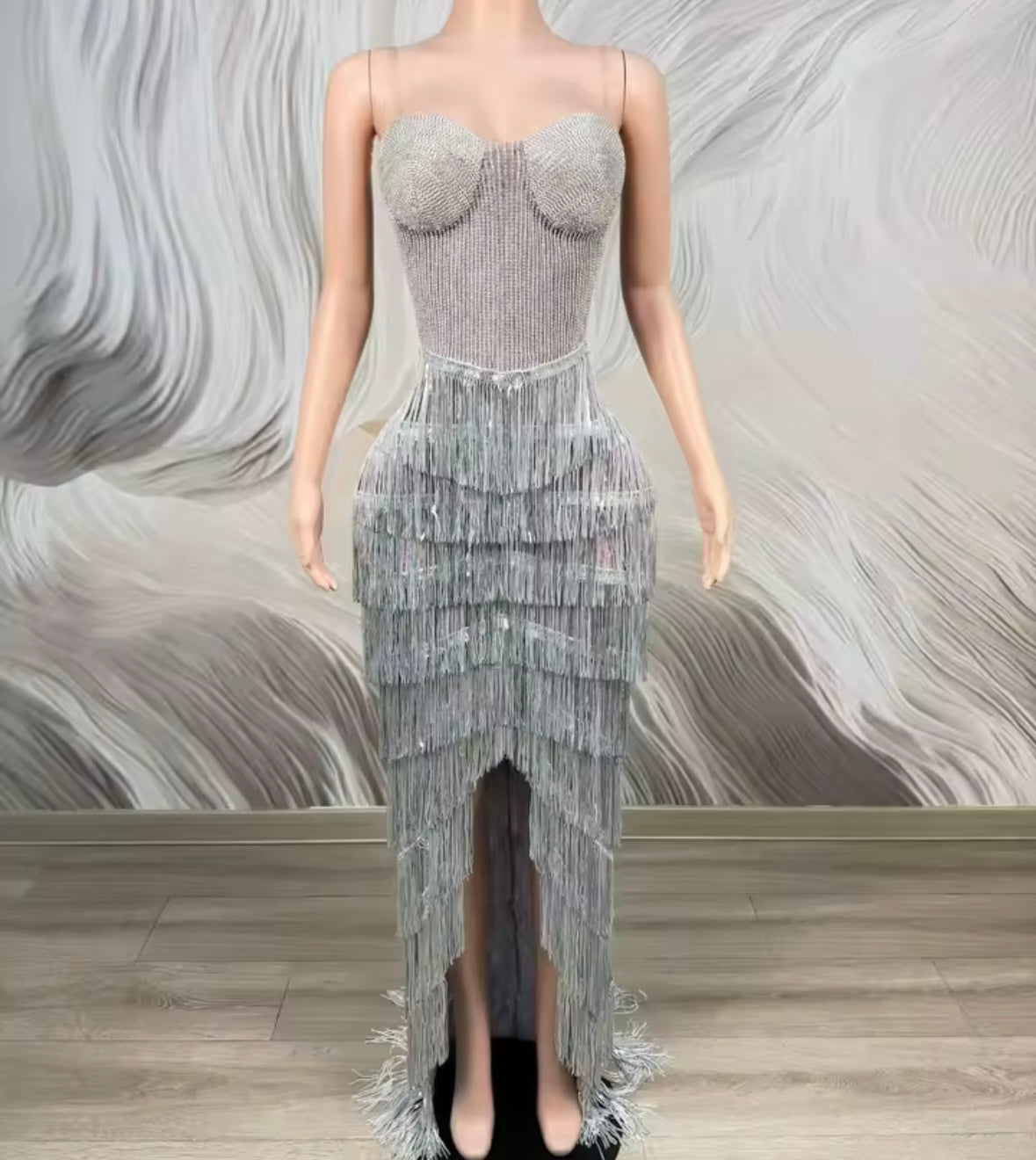 Sexy Sleeveless Silver Rhinestone Fringe Tassel Maxi Dress