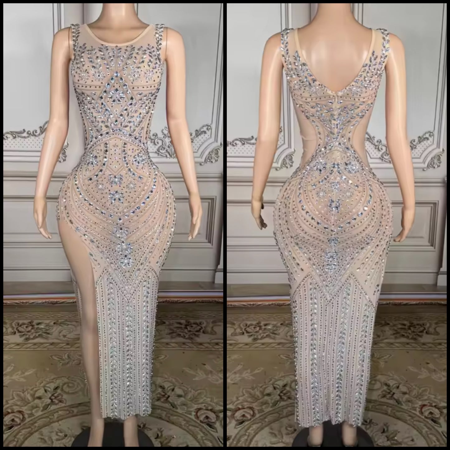 Rhinestone Embellishment Sexy Sleeveless Side Split Maxi Dress