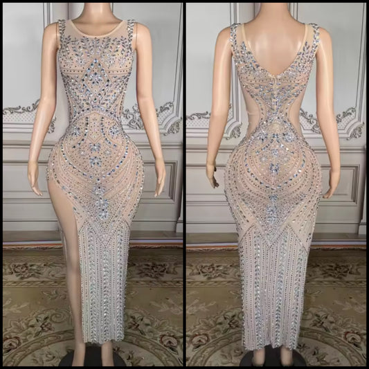 Rhinestone Embellishment Sexy Sleeveless Side Split Maxi Dress