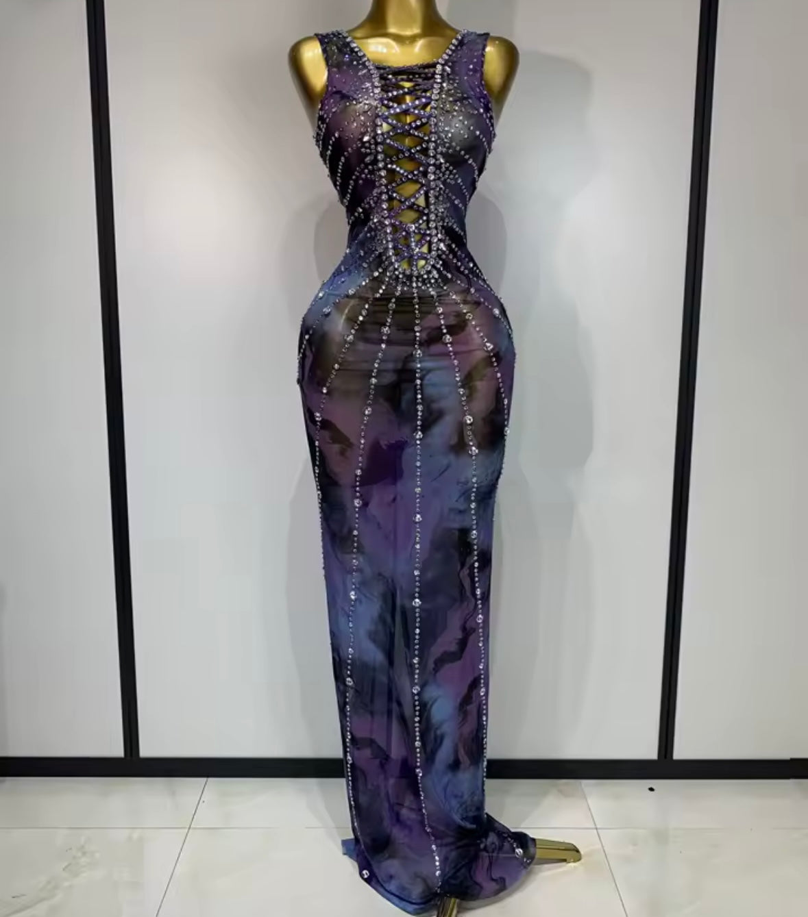 Sexy Sleeveless See Through Gradient Rhinestone Maxi Dress