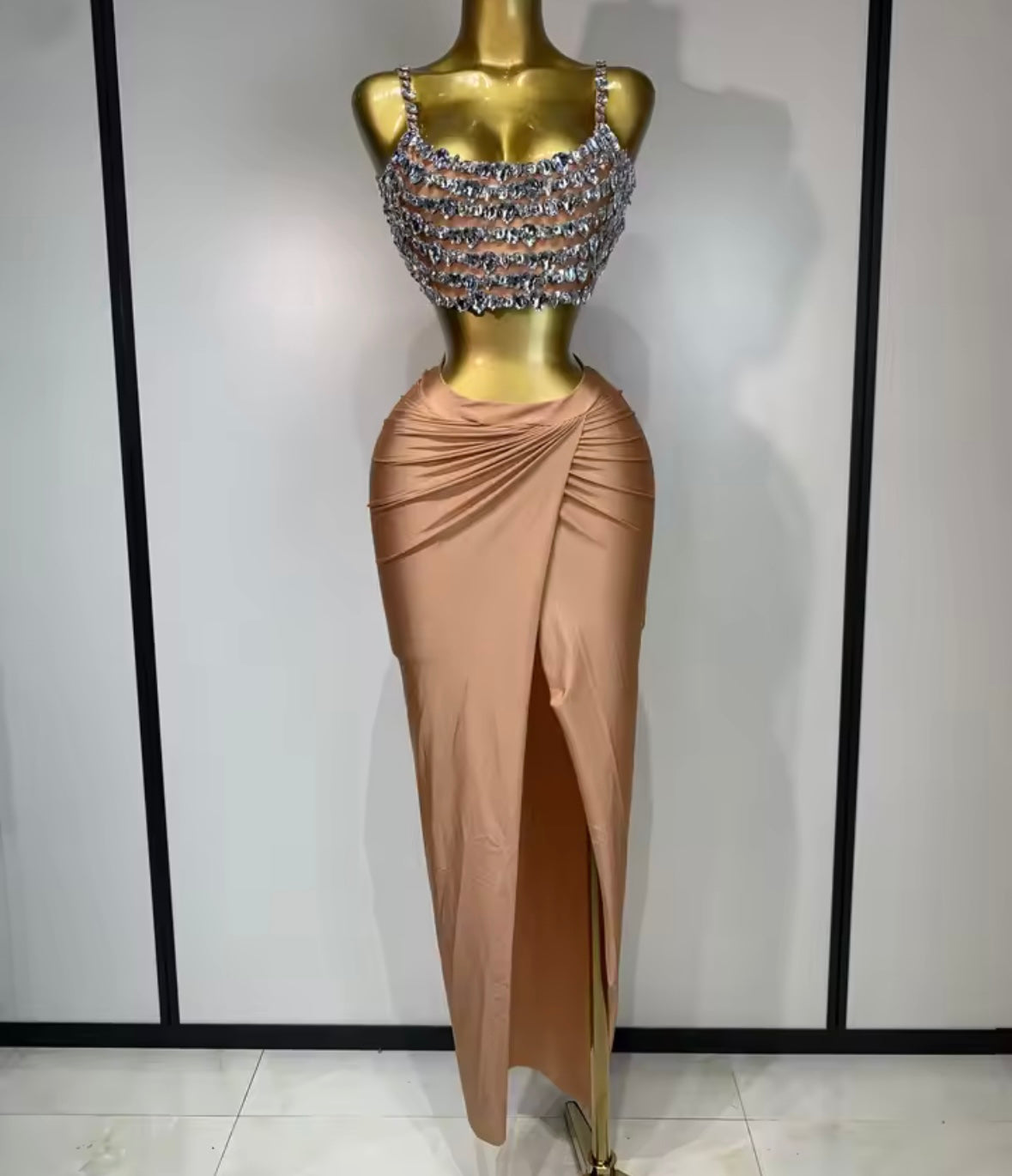 Sexy Rhinestone Sleeveless Maxi Skirt Set
