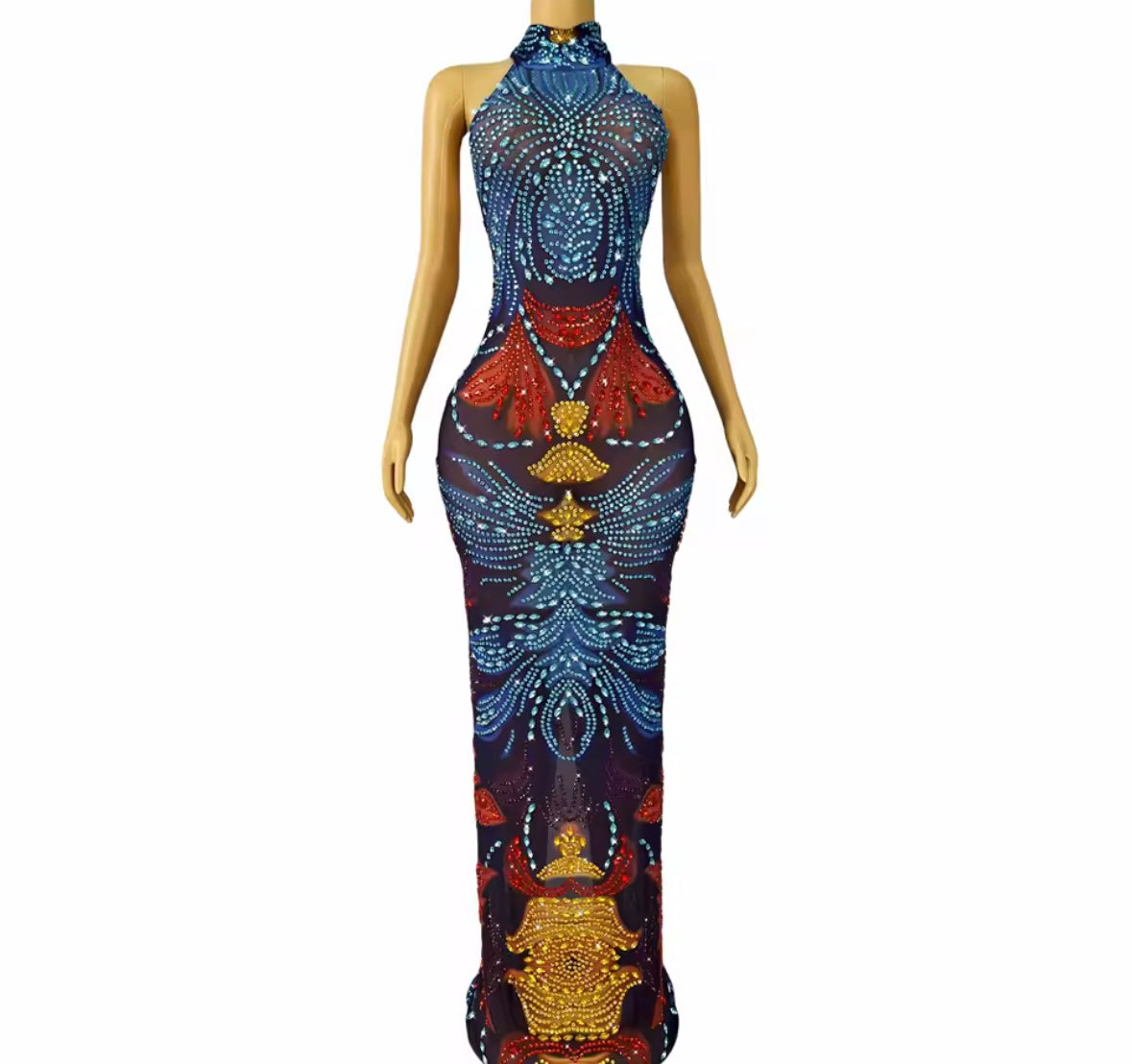 Sexy Halter Sleeveless Colorful Rhinestone Maxi Dress