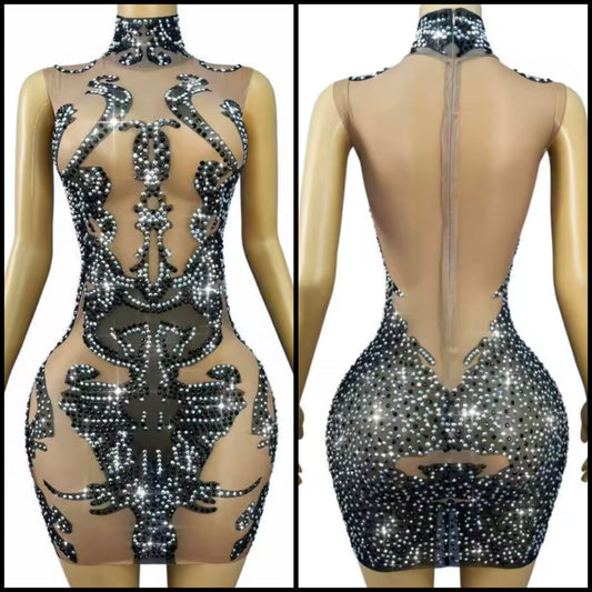 Sexy Sleeveless Black Rhinestone Embellishment Short Dress