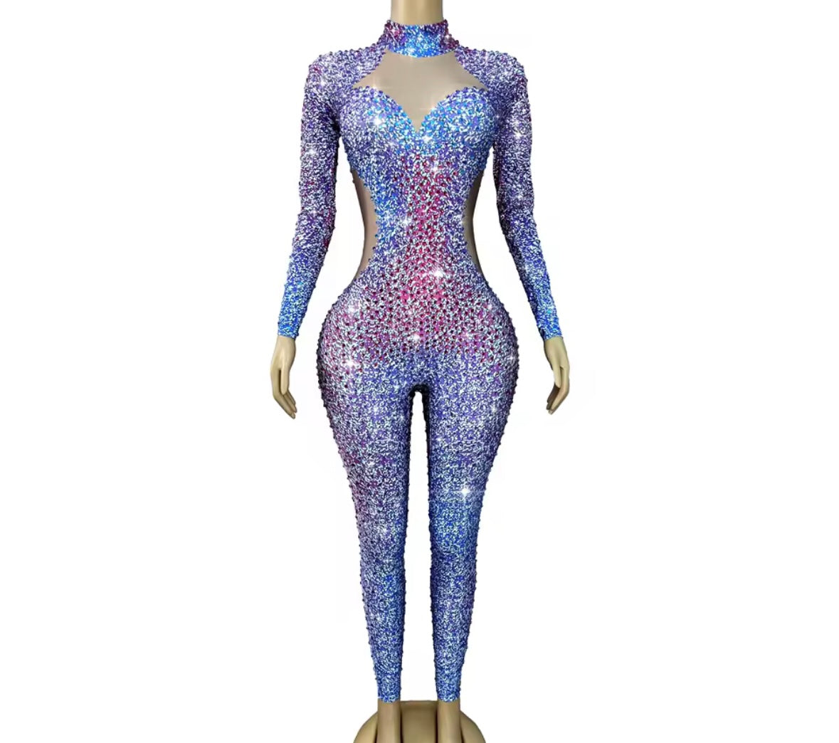 Sexy Multicolored Rhinestone Full Sleeve Jumpsuit
