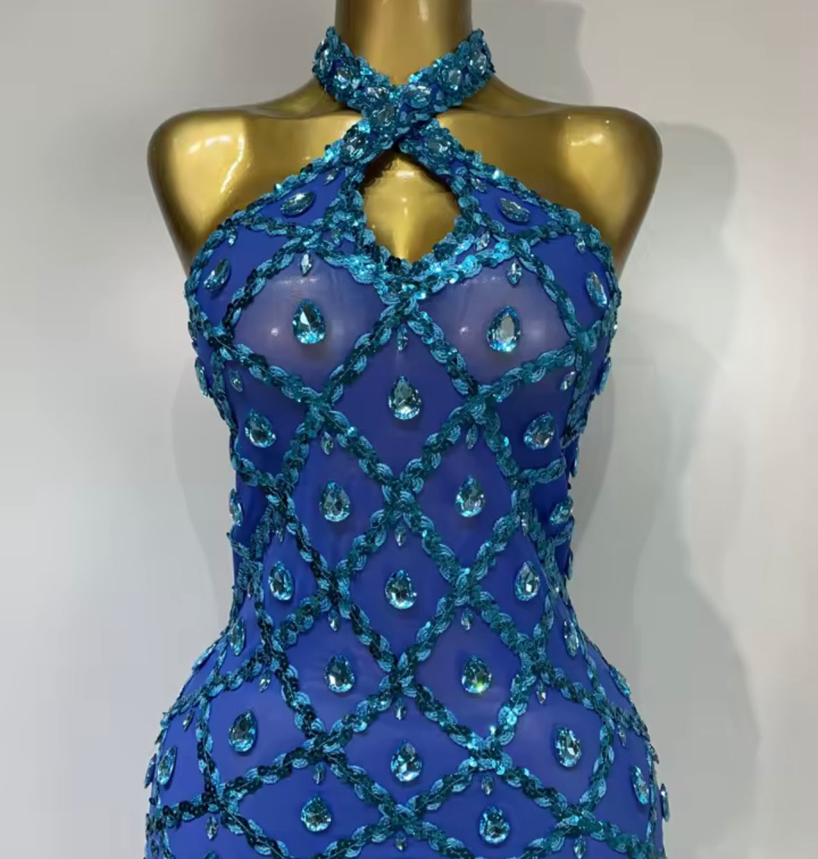Sexy Blue Crystal Halter Floor-Length Dress