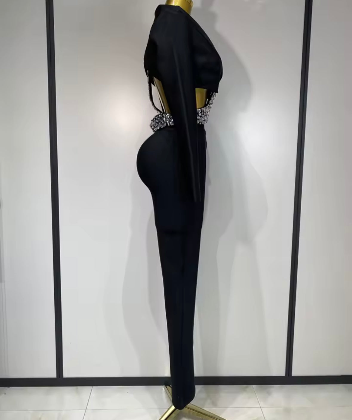Sexy Crystal Beaded Embellished Band Blazer Two Piece Pant Set