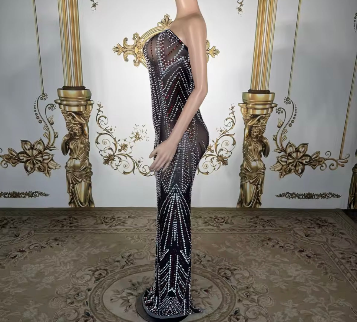 Black Sexy Strapless Rhinestone See Through Maxi Dress