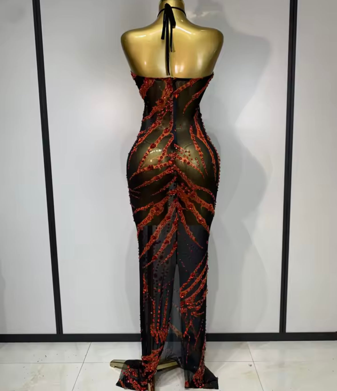 Sexy Halter Sleeveless Black Rhinestone Maxi Dress