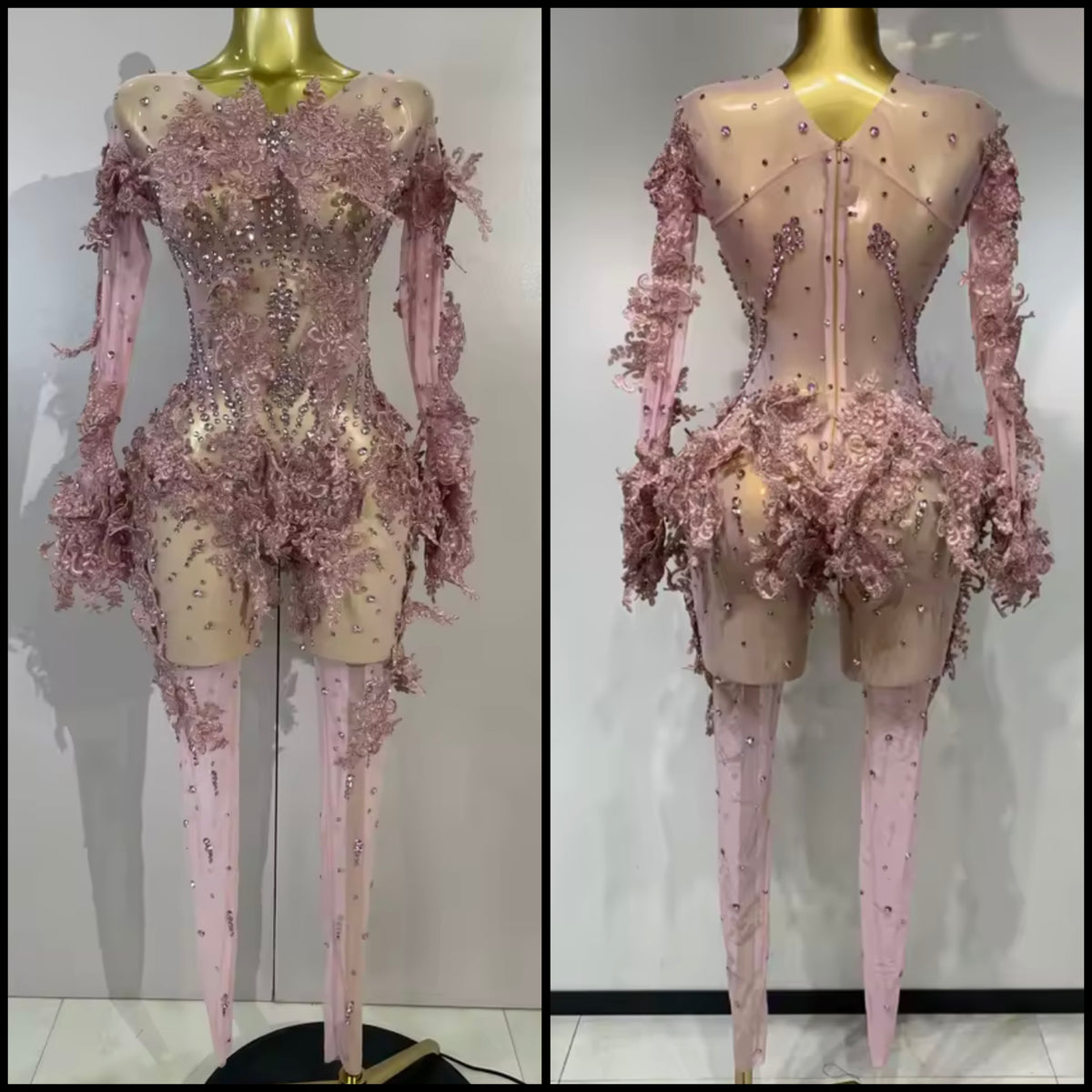 Pink Floral Lace Rhinestone Full Sleeve See Through Jumpsuit