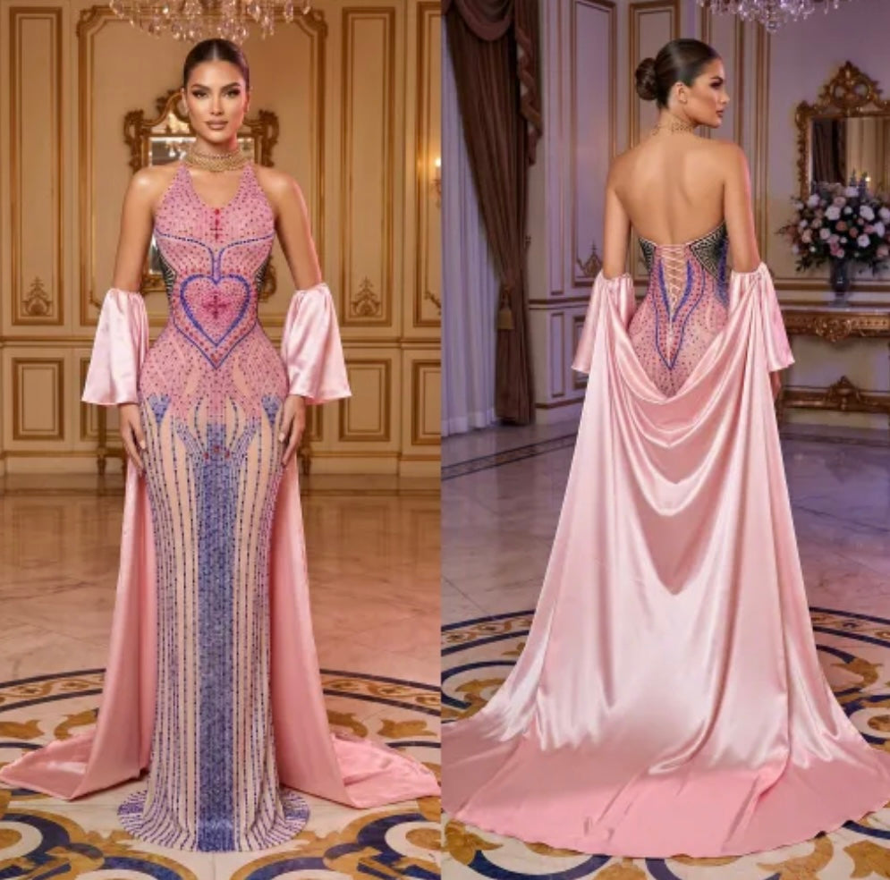 Sexy Halter Sleeveless Color Rhinestone Glove Mermaid Dress